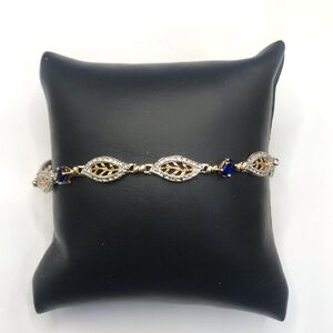 Gold Over 925 Sterling Silver Blue Sapphire Art Deco Filigree Bracelet Size 7”